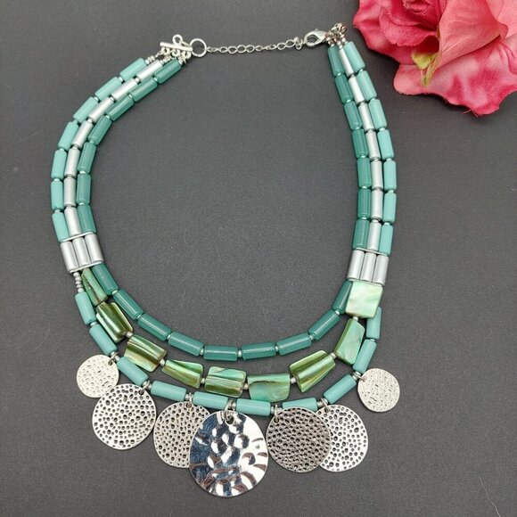 Aqua Blue & Silver Tone Multi Strand Collar Bib Necklace Dangle Hammered Discs - Picture 1 of 10